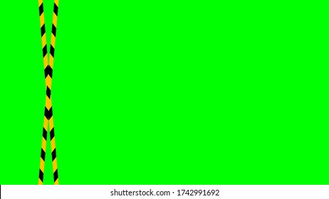 caution tape stripe on green screen background, green screen video and safety strip, warning tape line over green screen colour, ribbon yellow black striped on chroma key screen