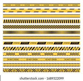 Caution tape vector design of yellow and black construction warning line, police, safety, danger and hazard barricade ribbons. Security zone marking stripes with Do not cross, Attention and Stop texts