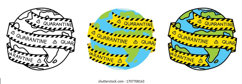 Caution tape wrapped around the globe with quarantine and warning symbols written on it. Danger of virus spreading globally. Flat colour vector illustration.
