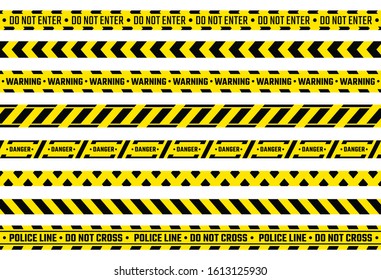 Caution tape. Yellow attention ribbon with warning signs, police evidence protection and construction protection tape. Vector isolated illustration safety stripe for safety border working construction