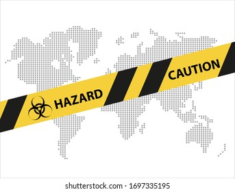 Caution tape. Yellow warning ribbon. on world map. Coronavirus is danger to all mankind.. Covid-19 concept for news about epidemic. Vector danger tape