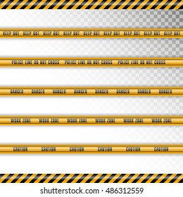 Caution tapes with shadow on transparent background. Keep out, police line, do not cross, danger, work zone, caution with lines. Vector illustration set.