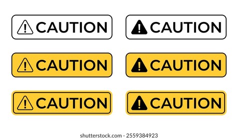 Caution text, hazard warning sign icon in flat design. Alert, attention concept