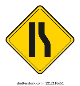 caution that number of right side road are reduced traffic sign vector icon, modern design, flat style, black and yellow color