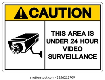 Precaución Este Área Es De Menos De 24 Horas Símbolo De Vigilancia De Vídeo, Ilustración Vectorial, Aislado En Etiqueta De Fondo Blanco. EPS10
