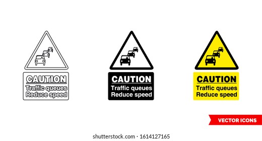 Caution traffic queues reduce speed warning sign icon of 3 types: color, black and white, outline. Isolated vector sign symbol.
