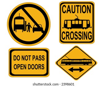 Caution tram crossing and do not pass signs illustration