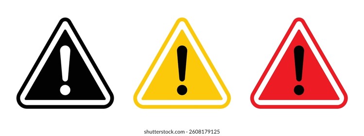 Caution vector icon set. Warning triangle icon. Danger vector sign collection. Exclamation mark warning sign. Warning sign with exclamation mark. Warning, caution, danger, icons, vector, symbols.