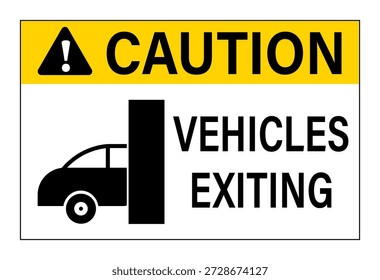 Cuidado, veículos saindo. Sinal de aviso de trânsito com texto e símbolo de um carro saindo de uma entrada de carro.