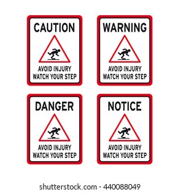 Caution warning danger notice tripping hazard watch your step sign vector set avoid injury