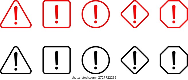 Sistema de alarma peligroso, colección de la señal de peligro, icono del Vector de la atención, elemento fatal amarillo, rojo y negro del Mensaje de error, triangular, cuadrado, redondo, diamante y signo de peligro octogonal signo de exclamación del símbolo de advertencia