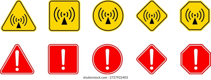 Atenção Aviso Conjunto de alarmes perigosos, coleção de sinais de perigo, ícone do vetor de atenção, elemento de mensagem de erro fatal amarelo, vermelho e preto, triangular, quadrado, redondo, diamante e octogonal sinais de perigo ponto de exclamação do símbolo de aviso