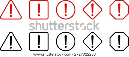 Caution Warning Dangerous alarm set, danger sign collection, attention vector icon, yellow, red and black fatal error message element, triangular, square, round, diamond and octagonal hazard signs exclamation mark of warning symbol