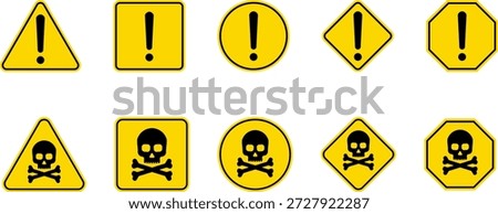 Caution Warning Dangerous alarm set, danger sign collection, attention vector icon, yellow, red and black fatal error message element, triangular, square, round, diamond and octagonal hazard signs exclamation mark of warning symbol