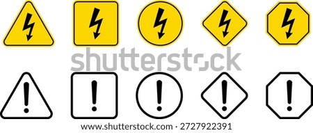 Caution Warning Dangerous alarm set, danger sign collection, attention vector icon, yellow, red and black fatal error message element, triangular, square, round, diamond and octagonal hazard signs exclamation mark of warning symbol
