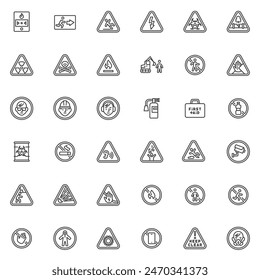 Precaución, iconos de línea de advertencia establecidos. Colección de símbolos de estilo lineal peligrosos, paquete de signos de contorno. Gráficos de Vector obligatorios. El conjunto incluye iconos Alarma de incendio, Salida de emergencia, Información de seguridad, No Entrada