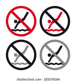 Caution warning no diving shallow water swimming pool sign vector set