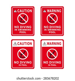 Caution warning no diving shallow water swimming pool sign vector set