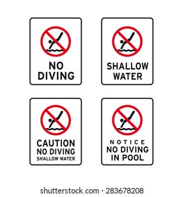 Caution warning no diving shallow water swimming pool sign vector set