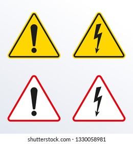 Caution warning sign with exclamation mark and Electrical hazard sign with lightning or thunder. High voltage, Alert, danger, attention and error symbol. Triangle shape. Vector illustration.