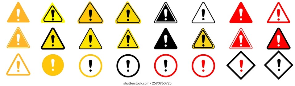 Caution warning signs set. attention vector icon, yellow, red and black fatal error message element, exclamation mark icon vector. Icone danger, danger sign collection, caution alarm set, triangular w