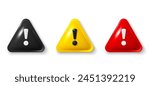 Caution warning signs set. Red danger warning triangle 3d icon. Alert caution, emergency notification. Danger hazard notification. Caution alert notice, emergency attention. Exclamation marks. Vector