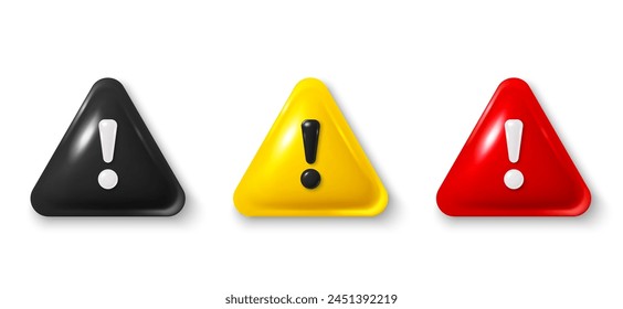 Señales de advertencia de precaución definidas. Icono rojo de advertencia de peligro triángulo 3d. Advertencia de alerta, notificación de emergencia. Notificación de peligro. Aviso de alerta de precaución, atención de emergencia. Signos de exclamación. Vector