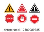 Caution warning signs set and Simple red stop roadsign with big hand symbol or icon vector illustration. Set of Stop street icon collection. Red stop sign.