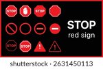 Caution warning signs set and Simple red stop roadsign with big hand symbol or icon vector illustration.	
