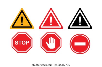 Caution warning signs set and Simple red stop roadsign with big hand symbol or icon vector illustration. Set of Stop street icon collection. Red stop sign.