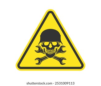 Caution warning sign.Skull with crossed wrenches and ww2 german helmet. Construction builder plumbing wrench or body shop repair car and truck mechanic service tool crossed. Vector illustration image.