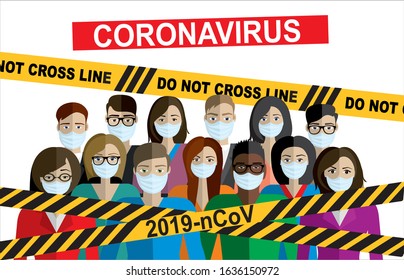 Caution warning strip. Coronavirus! Chinese coronavirus 2019-nCoV. Group of people wearing medical masks. Dangerous chinese nCoV coronavirus, SARS pandemic risk alert. Vector illustration