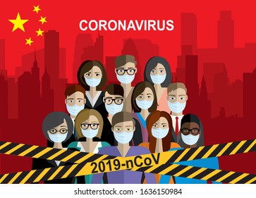 Caution warning strip. Coronavirus! Chinese coronavirus 2019-nCoV. Group of people wearing medical masks. Dangerous chinese nCoV coronavirus, SARS pandemic risk alert. Vector illustration