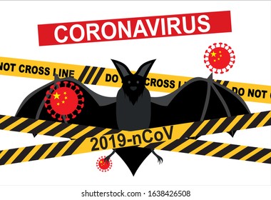 Caution warning strip. Coronavirus! Chinese coronavirus 2019-nCoV. Bat Disease carrier coronavirus outbreak or COVID-19 with coronavirus cell