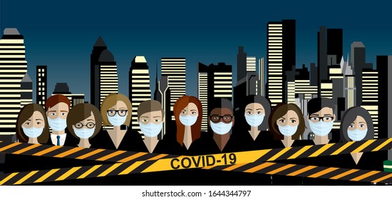 Caution warning strip. COVID-19! Chinese coronavirus 2019-nCoV. Group of people wearing medical masks. Dangerous chinese nCoV coronavirus, SARS pandemic risk alert. Vector illustration