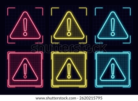 Caution warning symbol set, cyber neon visual, glowing border grid vector.