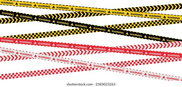 Caution warning tape set for industrial safety, roadwork, construction, and hazard zones. Vector illustration.