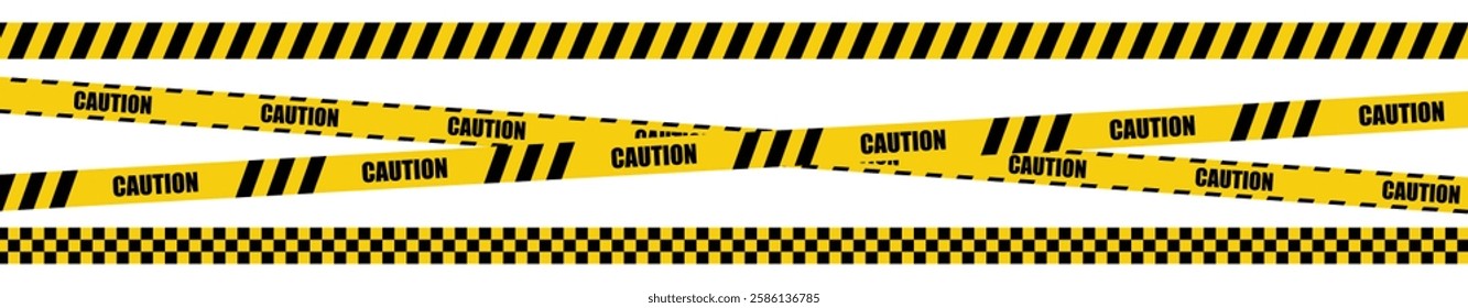 Caution warning tape set for industrial safety, roadwork, construction, and hazard zones. High-visibility barrier tape collection in various styles. Vector illustration.