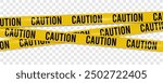 Caution warning tape with yellow and black stripes. Realistic crossed tape for construction area, crime scene or danger zone. Police warning crossed ribbon at transparent background. Vector.