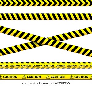 Caution warning tape with yellow and black stripes. Realistic crossed tape for construction area, crime scene or danger zone. Police warning crossed ribbon at white background. Vector.