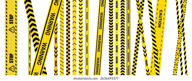 Caution warning tape with yellow and black stripes. Realistic crossed tape for construction area, crime scene or danger zone. Police warning crossed ribbon at transparent background. Vector.