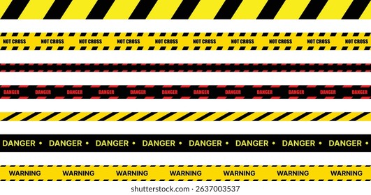 Caution warning tape with yellow and black stripes. Realistic crossed tape for construction area, crime scene or danger zone. Police warning crossed ribbon at transparent background. 