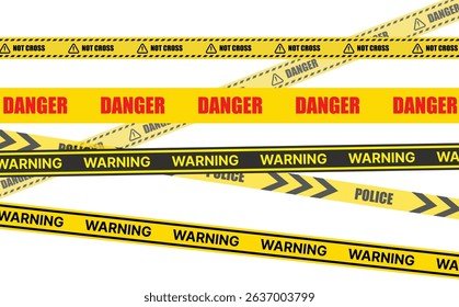 Caution warning tape with yellow and black stripes. Realistic crossed tape for construction area, crime scene or danger zone. Police warning crossed ribbon at transparent background. 