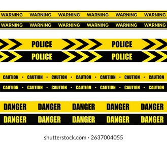 Caution warning tape with yellow and black stripes. Realistic crossed tape for construction area, crime scene or danger zone. Police warning crossed ribbon at transparent background. 