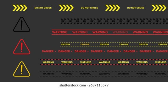 Caution warning tape with yellow and black stripes. Realistic crossed tape for construction area, crime scene or danger zone. Police warning crossed ribbon at transparent background