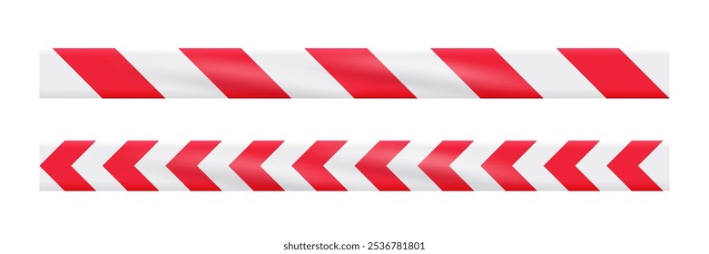 Precaução fitas de aviso. Fitas de perigo com faixas diagonais branco-vermelho para construção, cena do crime ou zona de perigo. Fitas de aviso isoladas no fundo branco. Vetor realista.