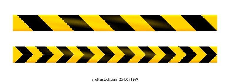 Caution warning tapes. Danger tapes with diagonal yellow-black strips for construction, crime scene or danger zone. Warning ribbons isolated on white background. Realistic vector.