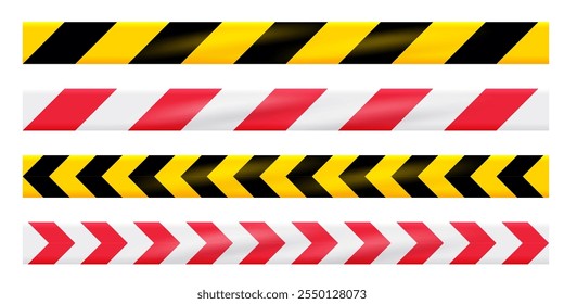 Cintas de advertencia de precaución. Cintas de peligro con franjas diagonales amarillo-negro y blanco-rojo para la construcción, escena del crimen o zona de peligro. Cintas de advertencia aisladas sobre fondo blanco. Vector realista.