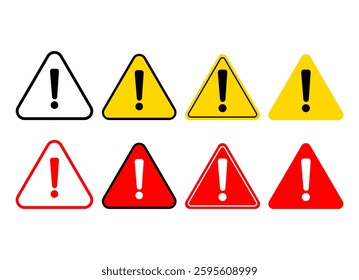 Caution Warning triangle icon vector set. Warning sign with exclamation mark. Yellow and red warn attention warning triangle alert. Warning or Danger Sign Icon.