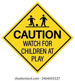 Cuidado, cuidado con los niños jugando. Señal de advertencia de rombo con dos niños jugando con pelota y texto.